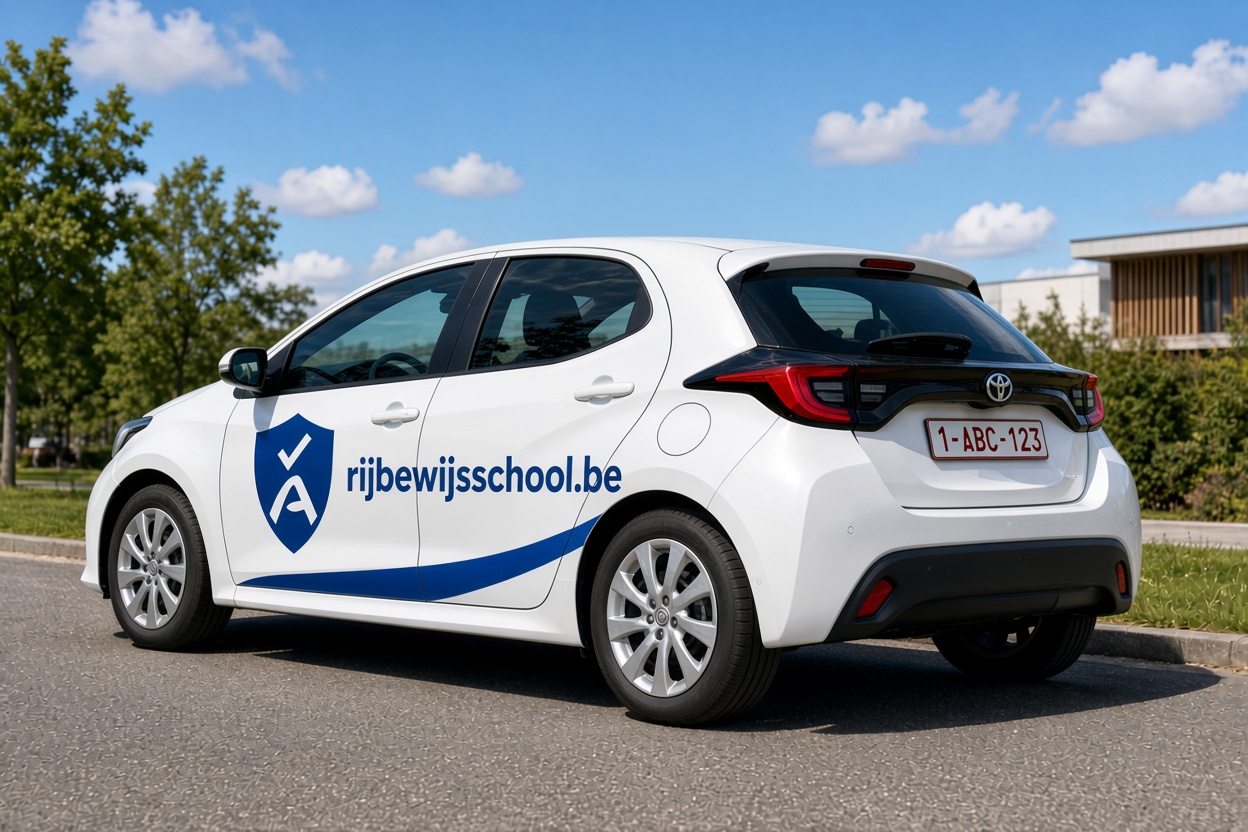 Witte lesauto met rijbewijsschool.be branding